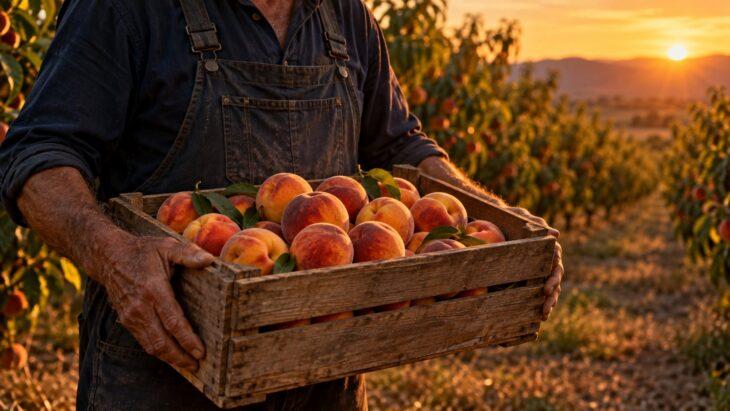 Un pensionato regge una cassetta di pesche appena raccolte in un frutteto al tramonto