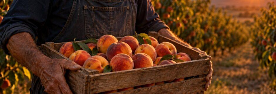 Un pensionato regge una cassetta di pesche appena raccolte in un frutteto al tramonto