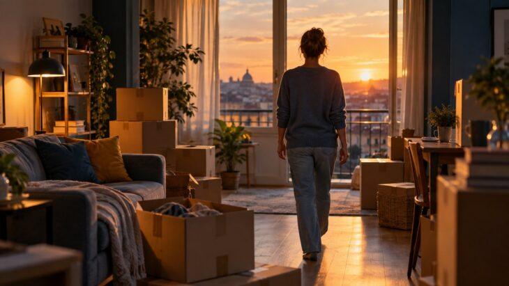 Donna di spalle in un nuovo appartamento con scatole del trasloco, simbolo di ripartenza