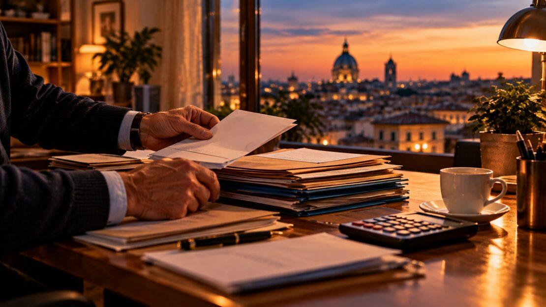 Uomo ordina cartelle e buste sulla scrivania con una calcolatrice e i tetti della città al tramonto