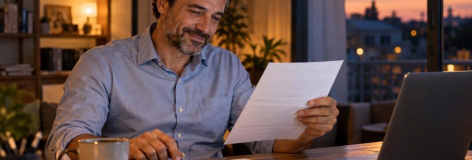 Lavoratore controlla soddisfatto la busta paga con la calcolatrice