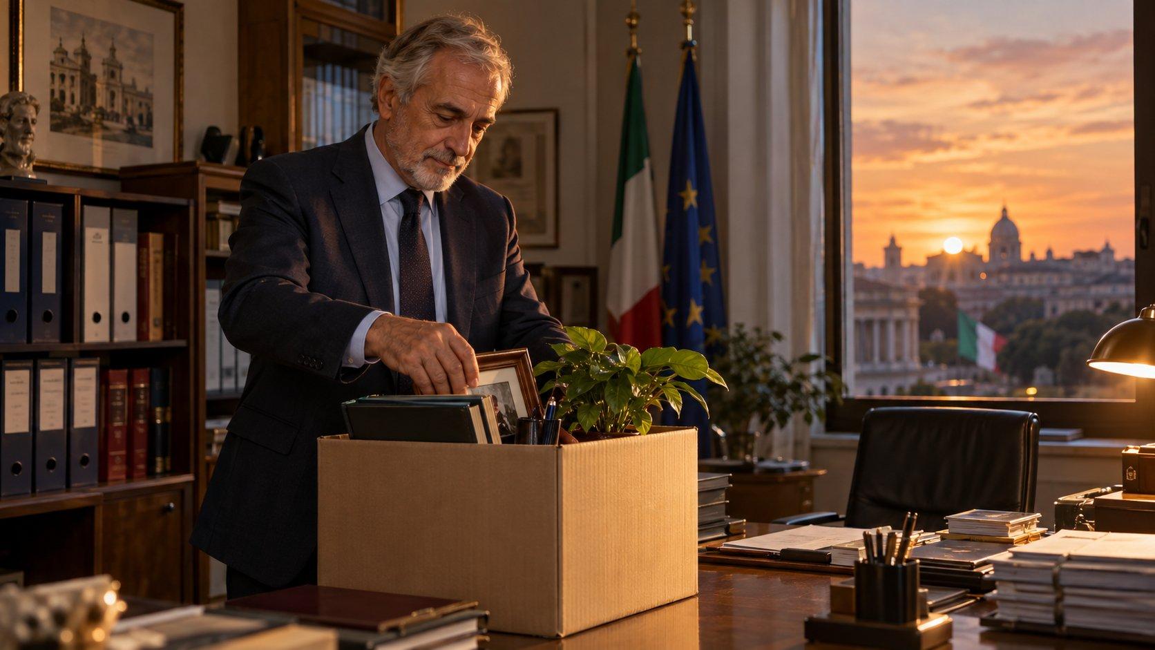 Dipendente pubblico ripone i suoi oggetti in una scatola nel suo ufficio al momento della pensione