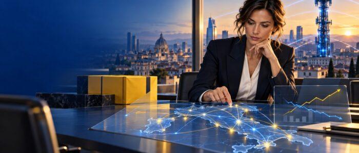 Analista esamina la mappa della rete di telecomunicazioni italiana dopo l’integrazione tra Poste e Tim