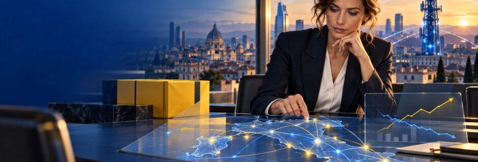 Analista esamina la mappa della rete di telecomunicazioni italiana dopo l’integrazione tra Poste e Tim