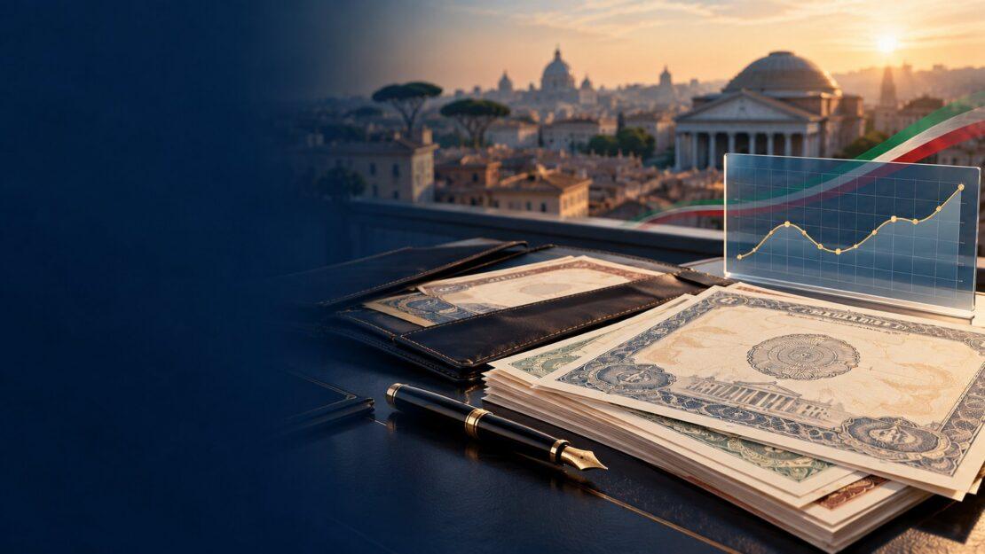 Titoli di Stato e grafico dei rendimenti con lo skyline di Roma al tramonto