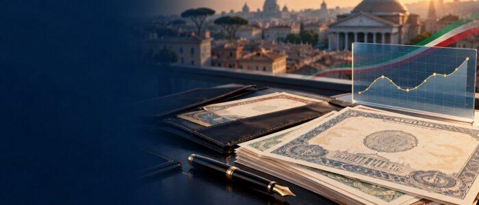 Titoli di Stato e grafico dei rendimenti con lo skyline di Roma al tramonto