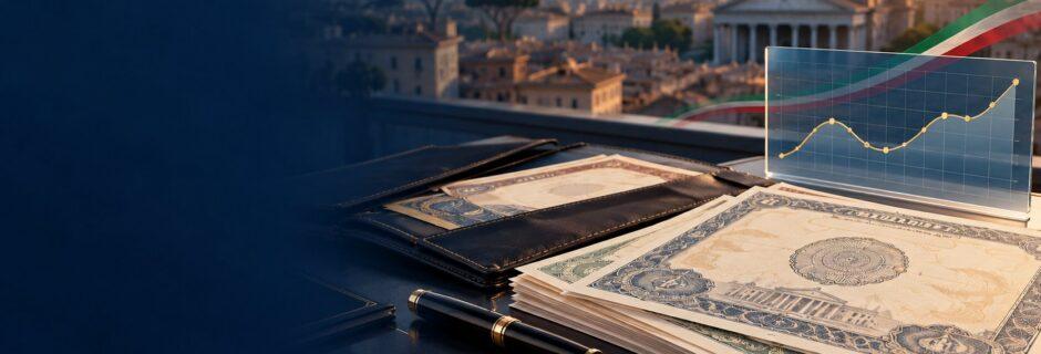 Titoli di Stato e grafico dei rendimenti con lo skyline di Roma al tramonto
