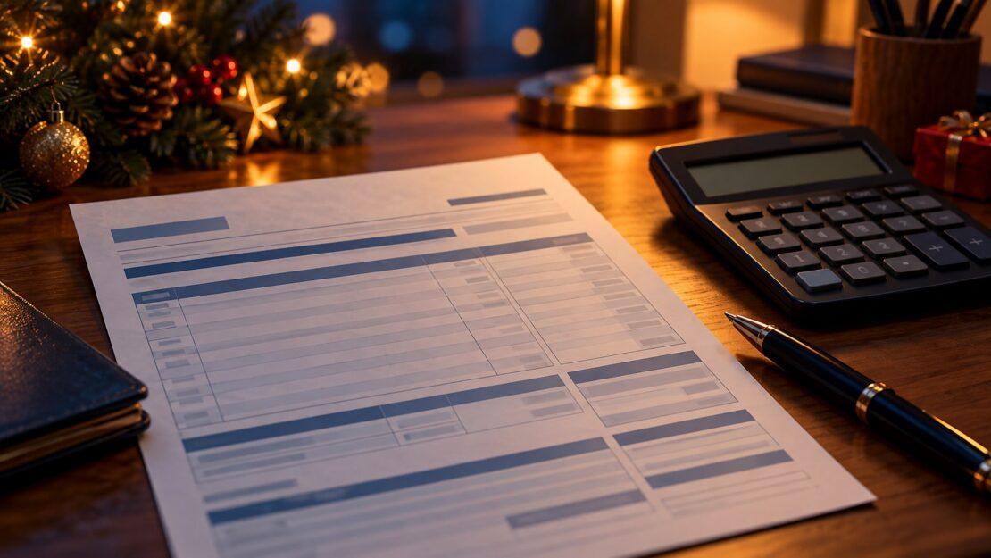 Busta paga di dicembre su una scrivania con calcolatrice e penna