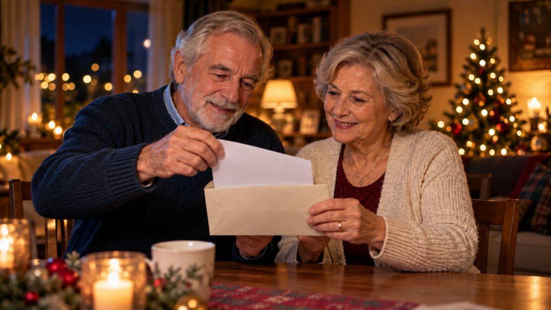 Coppia di pensionati apre una busta in soggiorno con l albero di Natale acceso