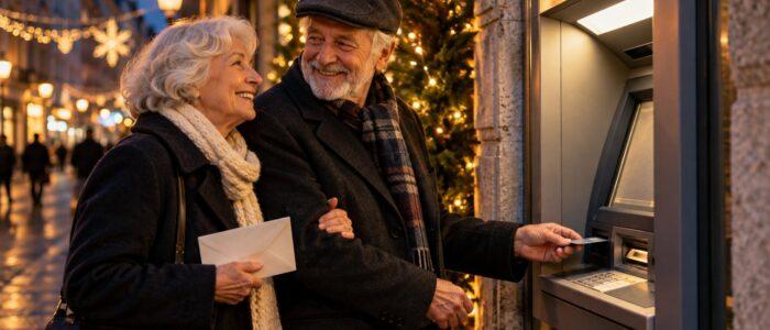 Coppia di pensionati al bancomat in una via illuminata per Natale