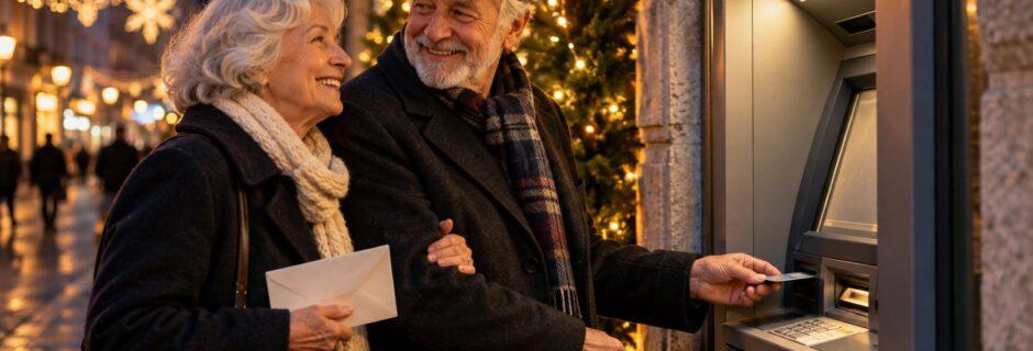 Coppia di pensionati al bancomat in una via illuminata per Natale