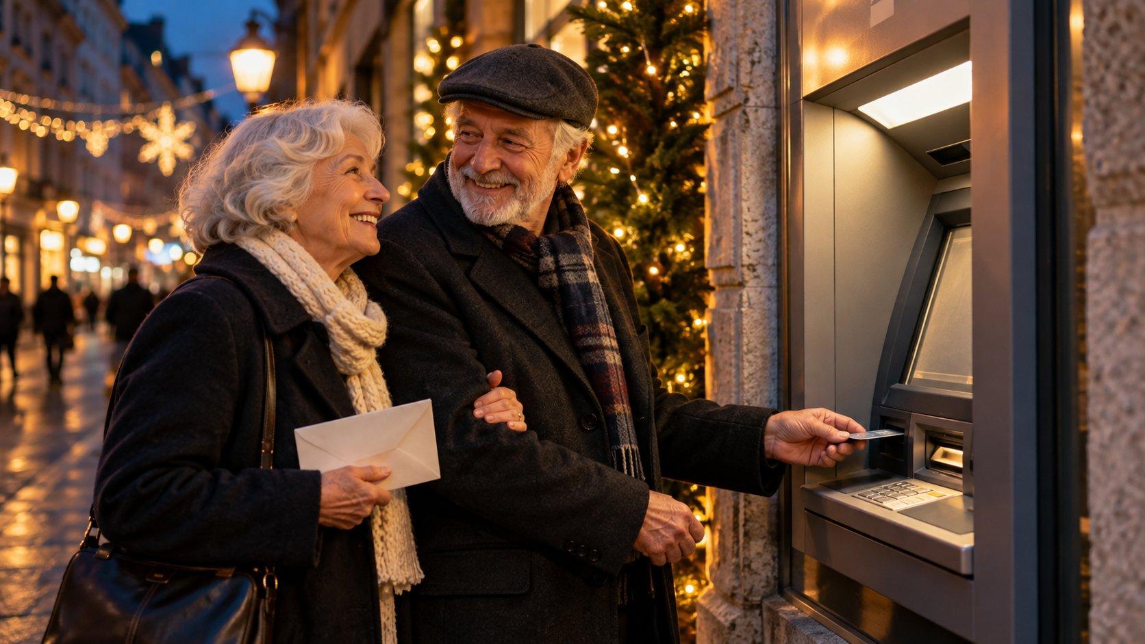 Coppia di pensionati al bancomat in una via illuminata per Natale