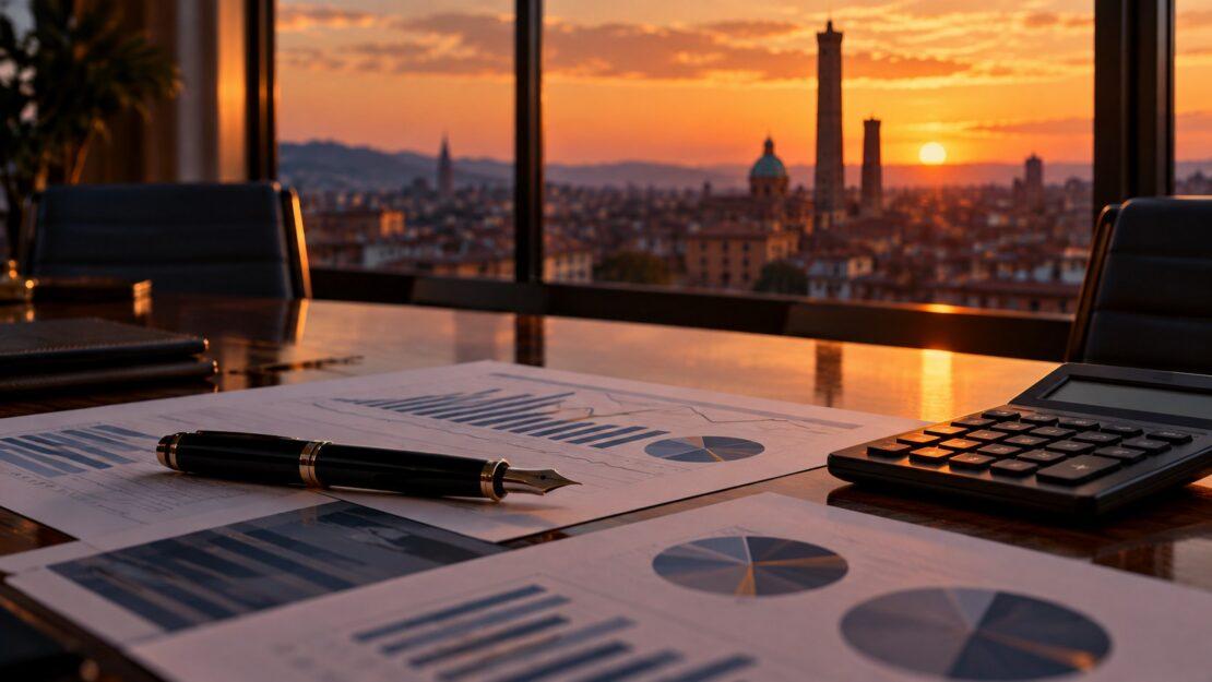 Documenti finanziari su un tavolo con vista su Bologna al tramonto