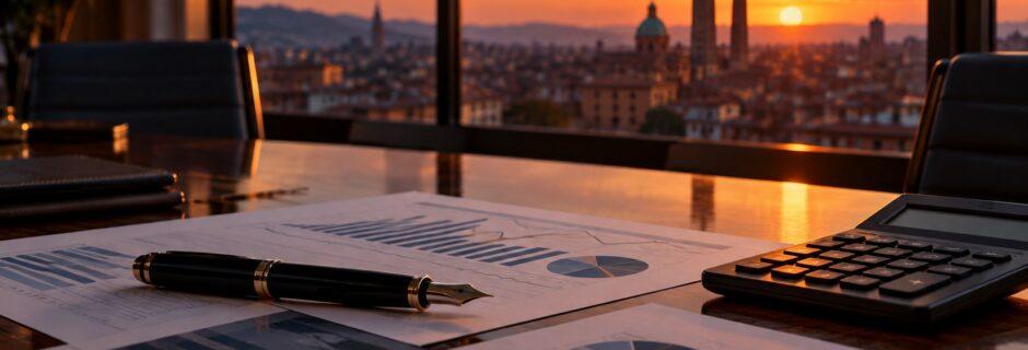 Documenti finanziari su un tavolo con vista su Bologna al tramonto