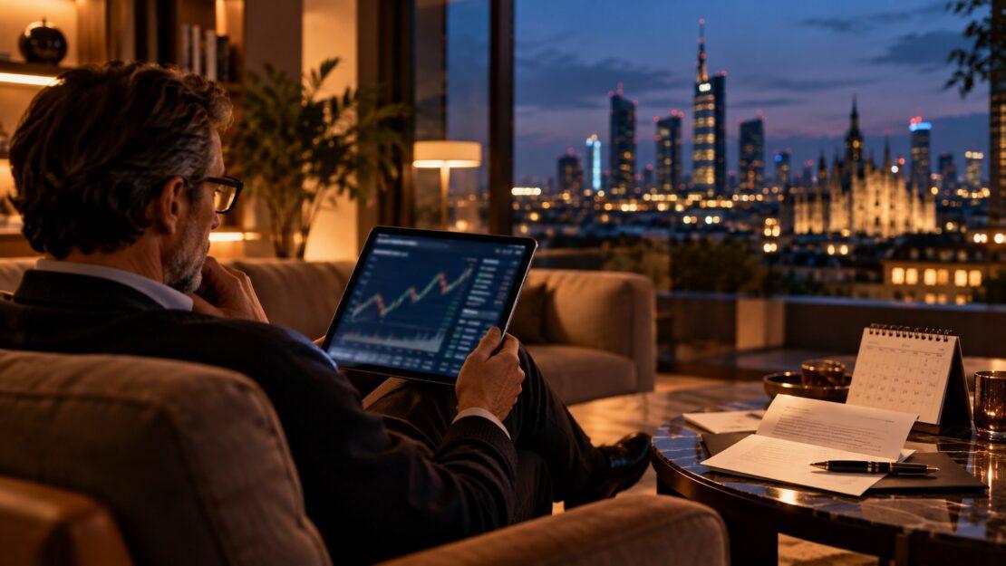 Investitore controlla un grafico azionario sul tablet con una lettera della banca sul tavolino